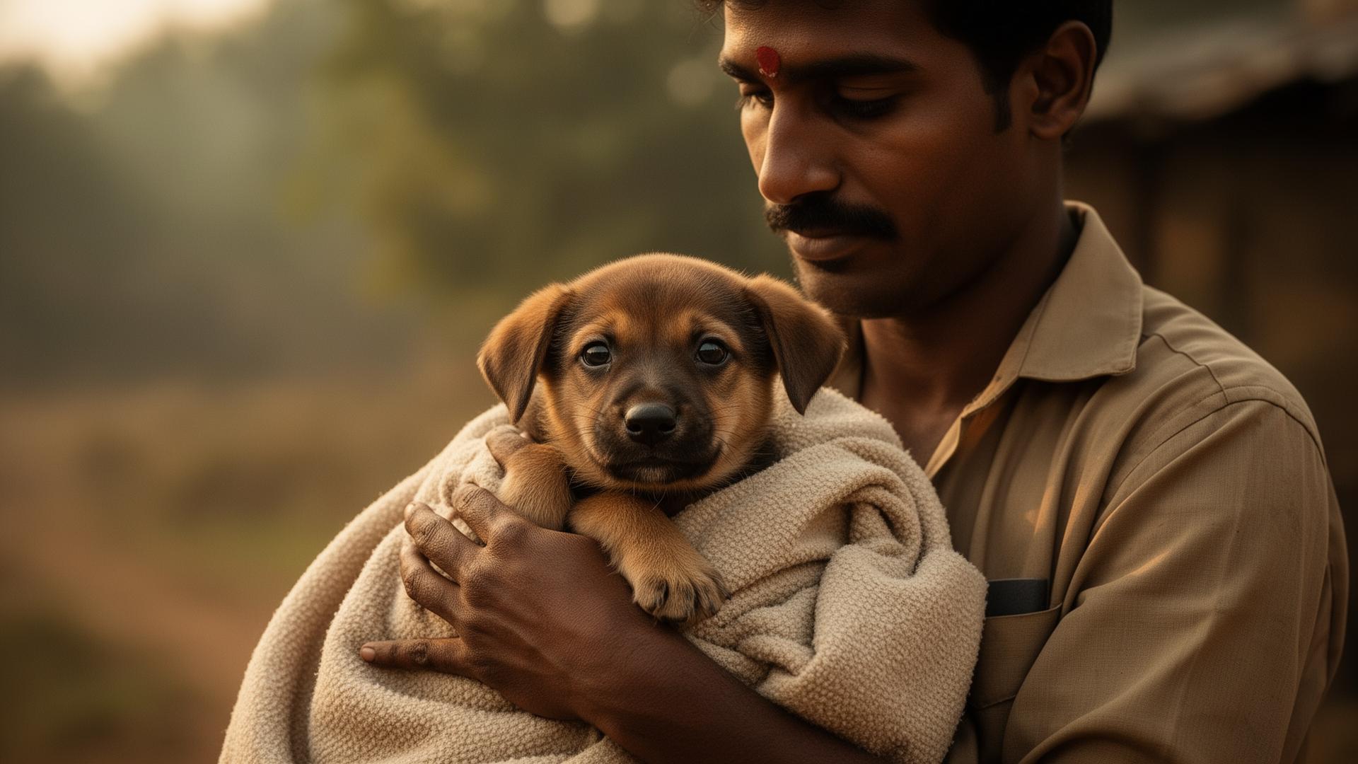 A rescuer in Bengaluru cradling a small rescued puppy wrapped in a soft blanket.